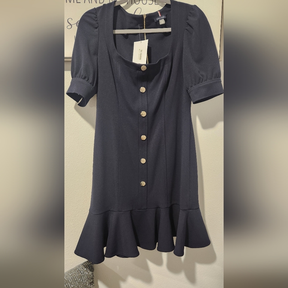 Tommy Hilfiger Square-Neck Buttoned Ruffled-Hem Sheath Dress Size 8